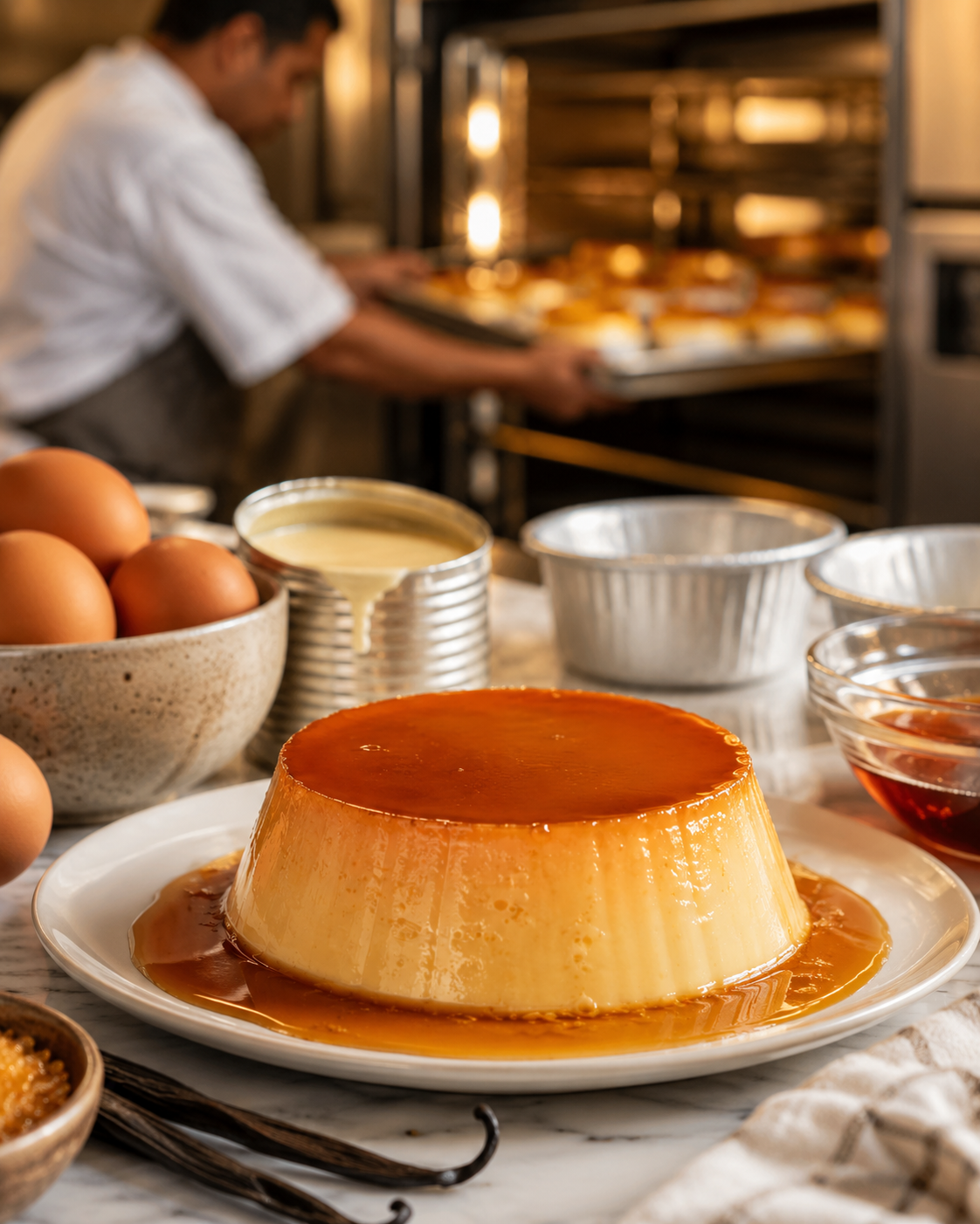 Quesillo artesanal recién horneado con caramelo, huevos y vainilla, preparado en cocina Don Quesillo