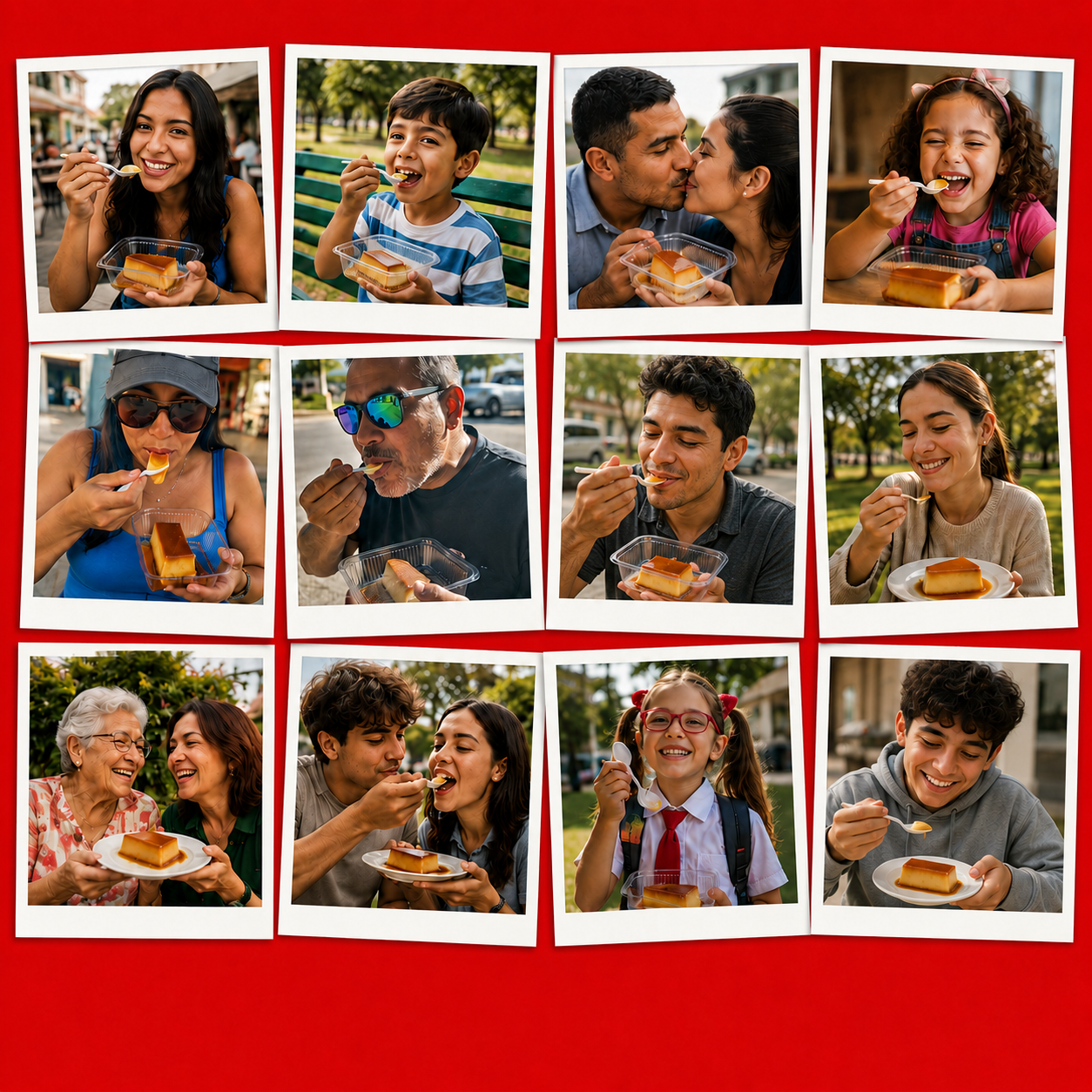 Collage de clientes Don Quesillo disfrutando quesillos artesanales: familias, parejas, niños y el carrito de la marca